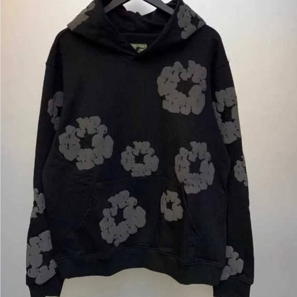 Black Hoodie with Gray Floral Pattern